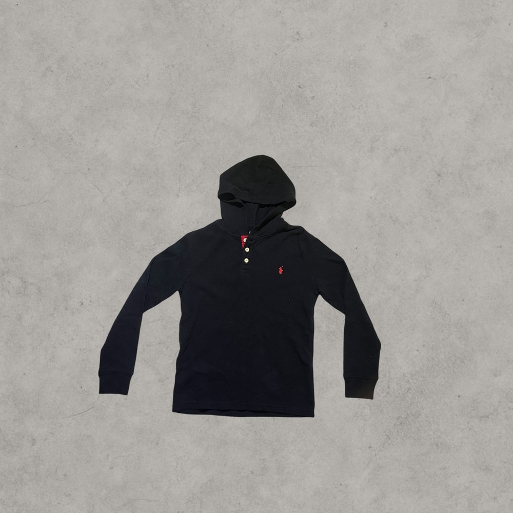 Polo Ralph Lauren Kids Black Waffle Knit Thermal‎ Henley Hoodie Size L 14-16